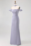 Dusty Blue Satin Long Off the Shoulder Bridesmaid Dress