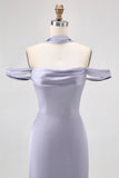 Dusty Blue Satin Long Off the Shoulder Bridesmaid Dress