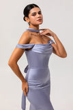 Dusty Blue Satin Mermaid Off the Shoulder Long Bridesmaid Dress