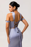 Dusty Blue Satin Mermaid Off the Shoulder Long Bridesmaid Dress