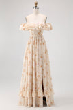 Champagne Floral Chiffon A-Line Corset Long Wedding Guest Dress with Ruffles