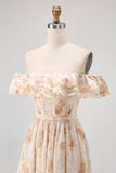 Champagne Floral Chiffon A-Line Corset Long Wedding Guest Dress with Ruffles