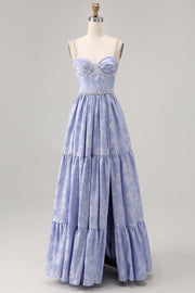 Blue Jacquard Floral Maxi A Line Bridesmaid Dress with Slit