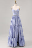 Blue Floral A Line Jacquard Long Bridesmaid Dress with Slit
