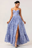 Blue Floral A Line Jacquard Long Bridesmaid Dress with Slit