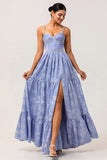 Blue Jacquard Floral Maxi A Line Bridesmaid Dress with Slit