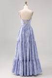Blue Floral A Line Jacquard Long Bridesmaid Dress with Slit