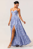Blue Floral A Line Jacquard Long Bridesmaid Dress with Slit