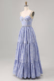 Blue Jacquard Floral Maxi A Line Bridesmaid Dress with Slit