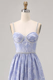 Blue Jacquard Floral Maxi A Line Bridesmaid Dress with Slit