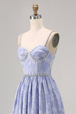 Blue Jacquard Floral Maxi A Line Bridesmaid Dress with Slit