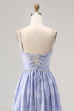 Blue Jacquard Floral Maxi A Line Bridesmaid Dress with Slit