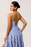 Blue Floral A Line Jacquard Long Bridesmaid Dress with Slit