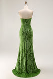 Peacock Green Corset Strapless Long Velvet Bridesmaid Dress with Slit