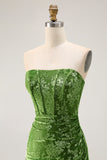 Peacock Green Corset Strapless Long Velvet Bridesmaid Dress with Slit