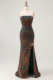 Peacock Green Corset Burnout Velvet Maxi Bridesmaid Dress with Slit