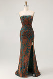 Peacock Green Corset Strapless Long Velvet Bridesmaid Dress with Slit