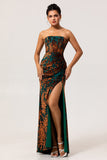 Peacock Green Corset Strapless Long Velvet Bridesmaid Dress with Slit