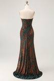 Peacock Green Corset Strapless Long Velvet Bridesmaid Dress with Slit