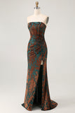 Peacock Green Corset Burnout Velvet Maxi Bridesmaid Dress with Slit