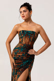 Peacock Green Corset Strapless Long Velvet Bridesmaid Dress with Slit