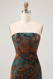 Peacock Green Corset Strapless Long Velvet Bridesmaid Dress with Slit