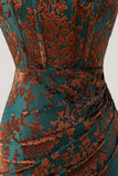 Peacock Green Corset Strapless Long Velvet Bridesmaid Dress with Slit