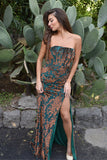Peacock Green Strapless Long Burnout Velvet Corset Bridesmaid Dress with Slit