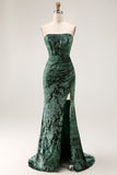 Peacock Green Corset Strapless Long Velvet Bridesmaid Dress with Slit