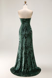 Peacock Green Corset Strapless Long Velvet Bridesmaid Dress with Slit