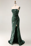 Peacock Green Corset Strapless Long Velvet Bridesmaid Dress with Slit
