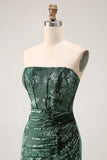 Peacock Green Corset Strapless Long Velvet Bridesmaid Dress with Slit