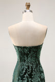 Peacock Green Corset Strapless Long Velvet Bridesmaid Dress with Slit