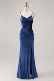 Simple Dark Blue Mermaid Velvet Maxi Bridesmaid Dress with Slit