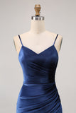 Simple Dark Blue Mermaid Velvet Maxi Bridesmaid Dress with Slit