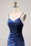 Simple Dark Blue Mermaid Velvet Maxi Bridesmaid Dress with Slit