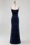 Dark Blue Mermaid Spaghetti Straps Maxi Bridesmaid Dress