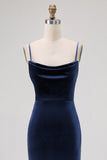 Dark Blue Velvet Backless Spaghetti Straps Maxi Bridesmaid Dress