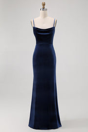 Dark Blue Velvet Backless Spaghetti Straps Maxi Bridesmaid Dress