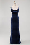 Dark Blue Velvet Backless Spaghetti Straps Maxi Bridesmaid Dress