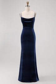 Dark Blue Velvet Backless Spaghetti Straps Maxi Bridesmaid Dress