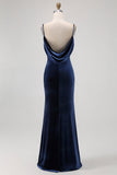 Dark Blue Velvet Backless Spaghetti Straps Maxi Bridesmaid Dress