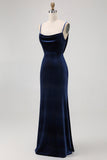 Dark Blue Velvet Backless Spaghetti Straps Maxi Bridesmaid Dress