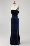 Dark Blue Velvet Backless Spaghetti Straps Maxi Bridesmaid Dress