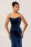 Dark Blue Mermaid Spaghetti Straps Maxi Bridesmaid Dress