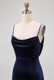 Dark Blue Velvet Backless Spaghetti Straps Maxi Bridesmaid Dress