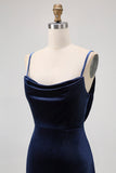 Dark Blue Velvet Backless Spaghetti Straps Maxi Bridesmaid Dress