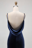Dark Blue Velvet Backless Spaghetti Straps Maxi Bridesmaid Dress