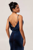 Dark Blue Mermaid Spaghetti Straps Maxi Bridesmaid Dress