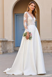 Ivory Long Sleeves Satin A Line Sweep Train Wedding Dress with Lace
